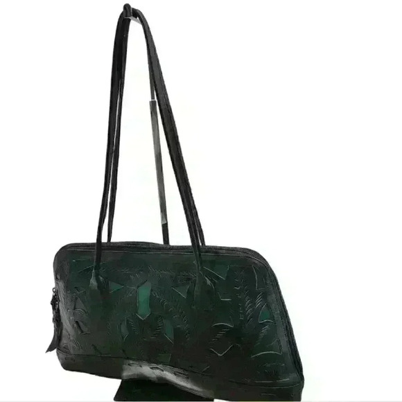 Leaders In Leather Black Hand Tooled Vtg Lined Shoulder Bag Made in Paraguay. - Picture 11 of 12